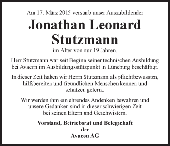 Anzeige von Jonathan Leonard Stutzmann von LZ