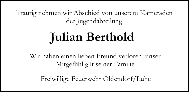  Traueranzeige für Julian Berthold vom 09.01.2015 aus LZ