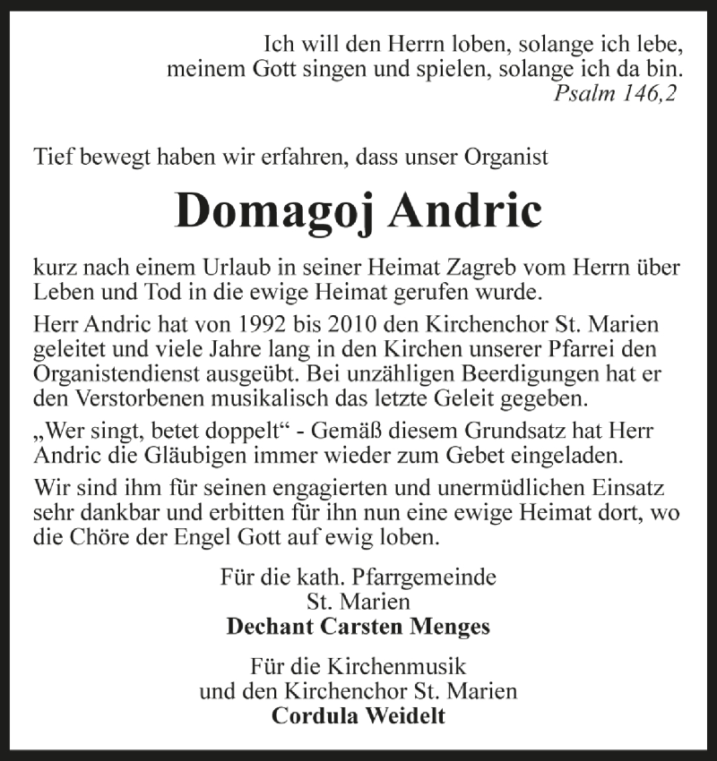  Traueranzeige für Domago Andric vom 04.04.2014 aus LZ