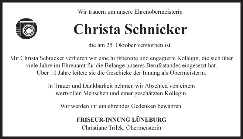  Traueranzeige für Christa Schnicker vom 29.10.2016 aus LZ