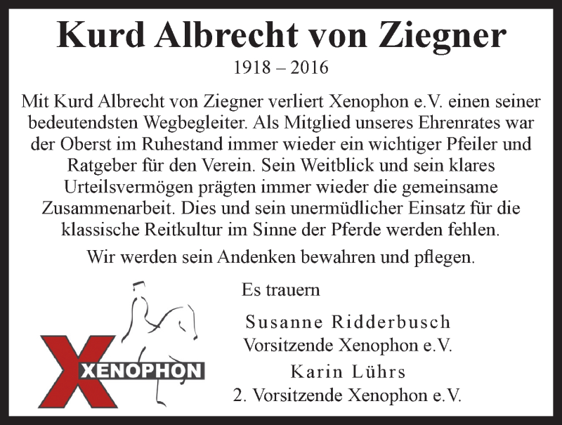  Traueranzeige für Kurd Albrecht von Ziegner vom 07.10.2016 aus LZ