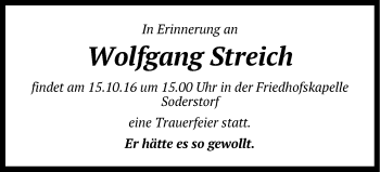 Anzeige von Wolfgang Streich von LZ