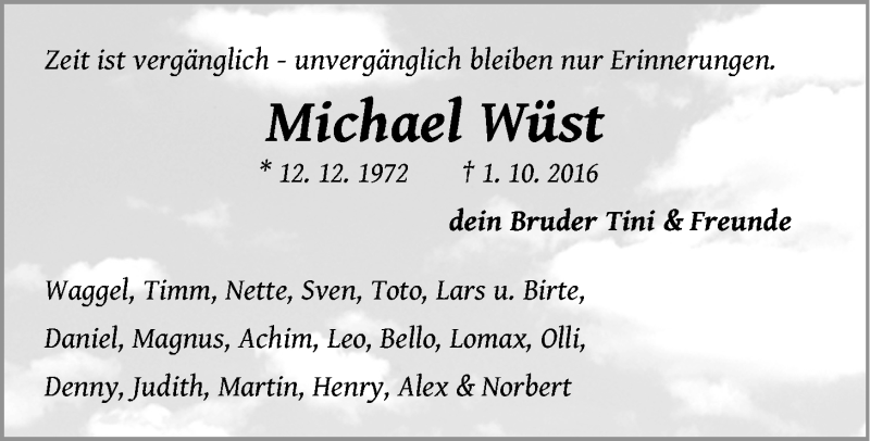  Traueranzeige für Michael Wüst vom 08.10.2016 aus LZ