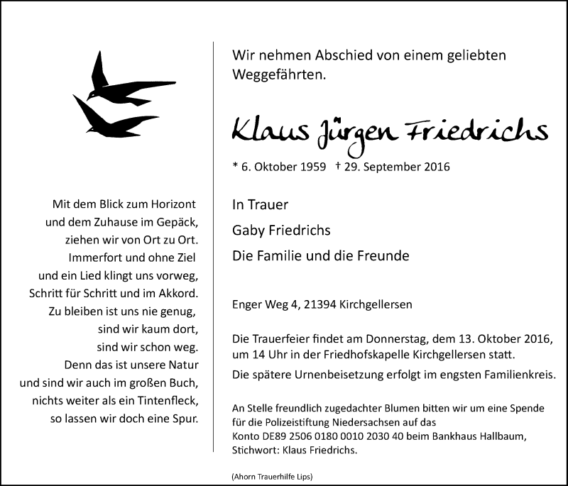  Traueranzeige für Klaus-Jürgen Friedrichs vom 08.10.2016 aus LZ