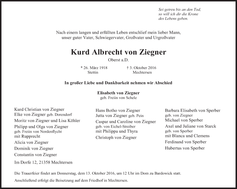  Traueranzeige für Kurd Albrecht von Ziegner vom 07.10.2016 aus LZ