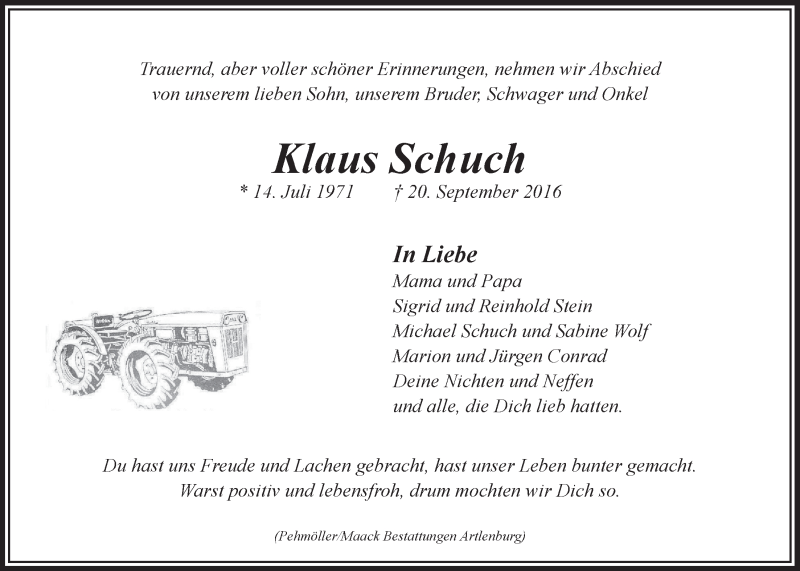  Traueranzeige für Klaus Schuch vom 05.10.2016 aus LZ