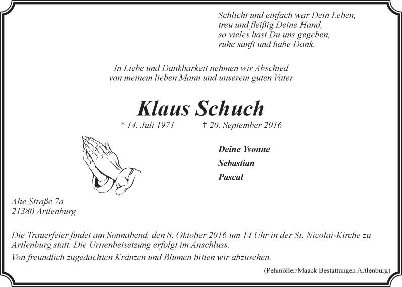  Traueranzeige für Klaus Schuch vom 05.10.2016 aus LZ
