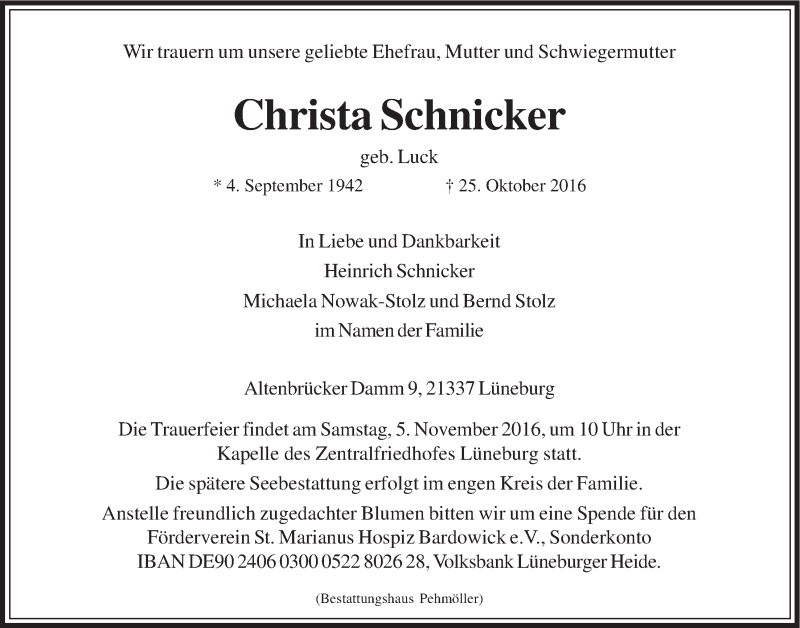  Traueranzeige für Christa Schnicker vom 29.10.2016 aus LZ