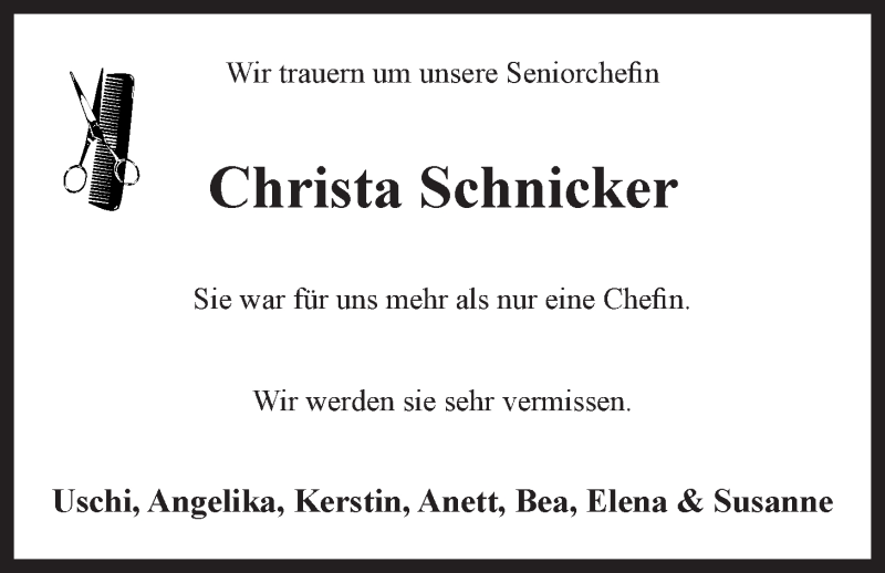  Traueranzeige für Christa Schnicker vom 29.10.2016 aus LZ