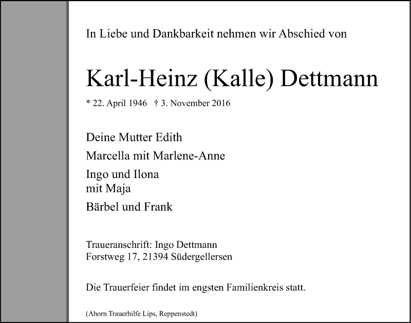  Traueranzeige für Karl-Heinz Dettmann vom 05.11.2016 aus LZ