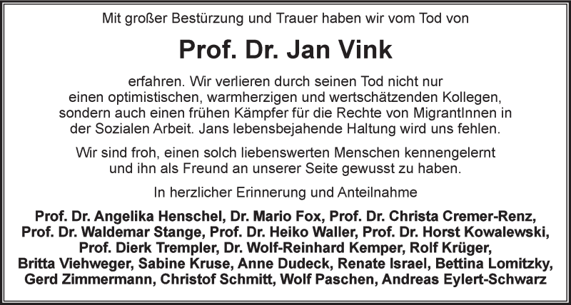 Traueranzeige für Jan Vink vom 12.11.2016 aus LZ