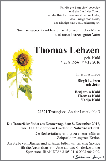 Anzeige von Thomas Lehzen von LZ