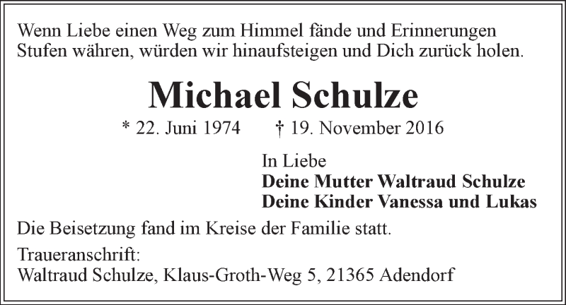  Traueranzeige für Michael Schulze vom 10.12.2016 aus LZ