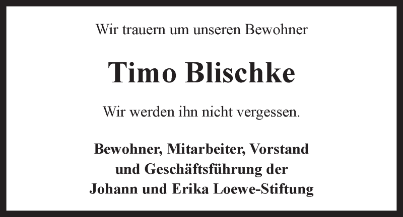  Traueranzeige für Timo Blischke vom 24.12.2016 aus LZ