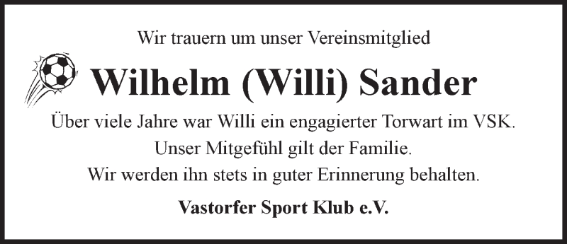  Traueranzeige für Wilhelm Sander vom 29.12.2016 aus LZ