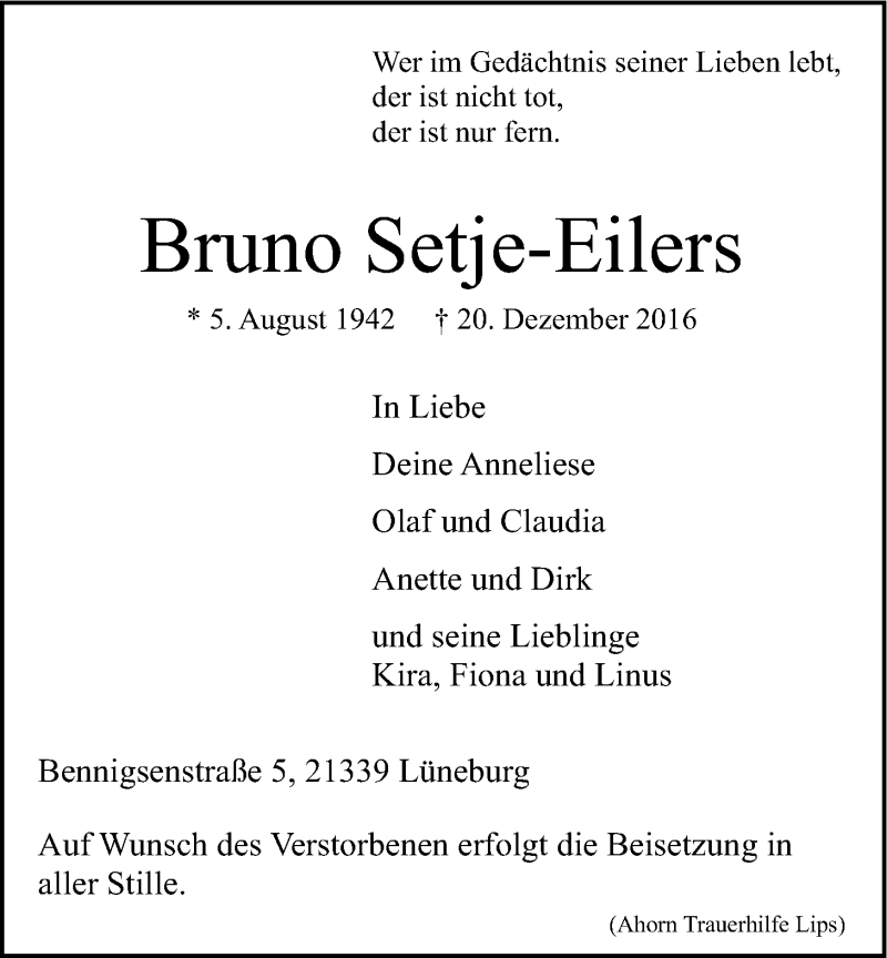  Traueranzeige für Bruno Setje-Eilers vom 27.12.2016 aus LZ