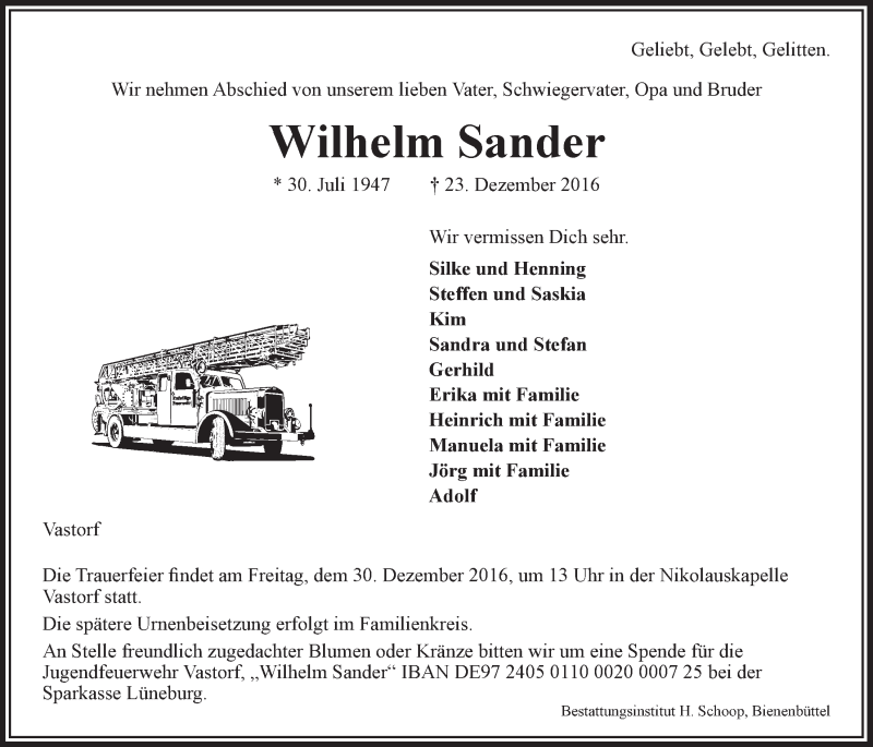  Traueranzeige für Wilhelm Sander vom 28.12.2016 aus LZ
