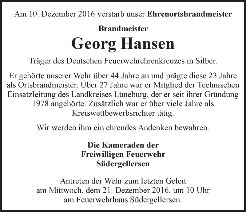  Traueranzeige für Georg Hansen vom 17.12.2016 aus LZ