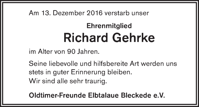  Traueranzeige für Richard Gehrke vom 17.12.2016 aus LZ