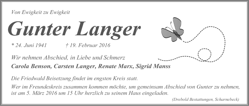  Traueranzeige für Gunter Langer vom 27.02.2016 aus LZ