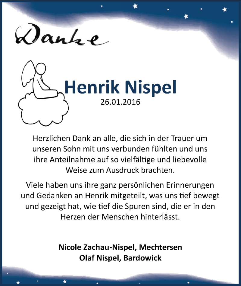  Traueranzeige für Henrik Nispel vom 20.02.2016 aus LZ