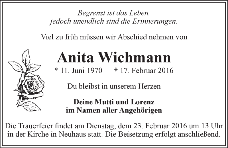 Traueranzeige für Anita Wichmann vom 20.02.2016 aus LZ