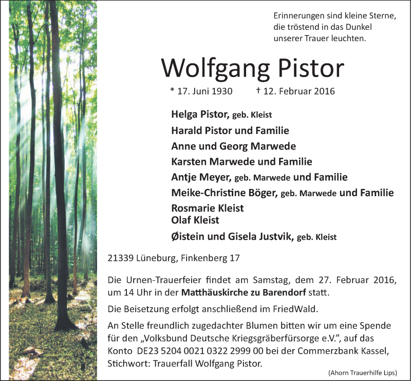 Traueranzeige für Wolfgang Pistor vom 22.02.2016 aus LZ