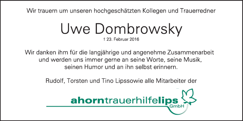  Traueranzeige für Uwe Dombrowsky vom 27.02.2016 aus LZ