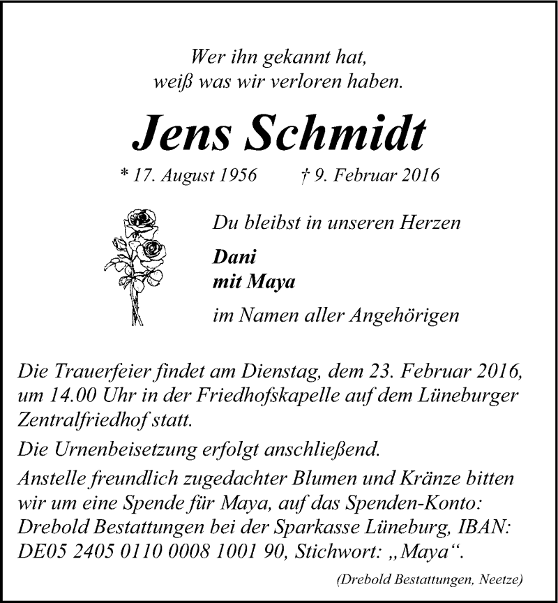  Traueranzeige für Jens Schmidt vom 20.02.2016 aus LZ