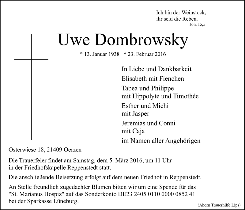  Traueranzeige für Uwe Dombrowsky vom 27.02.2016 aus LZ