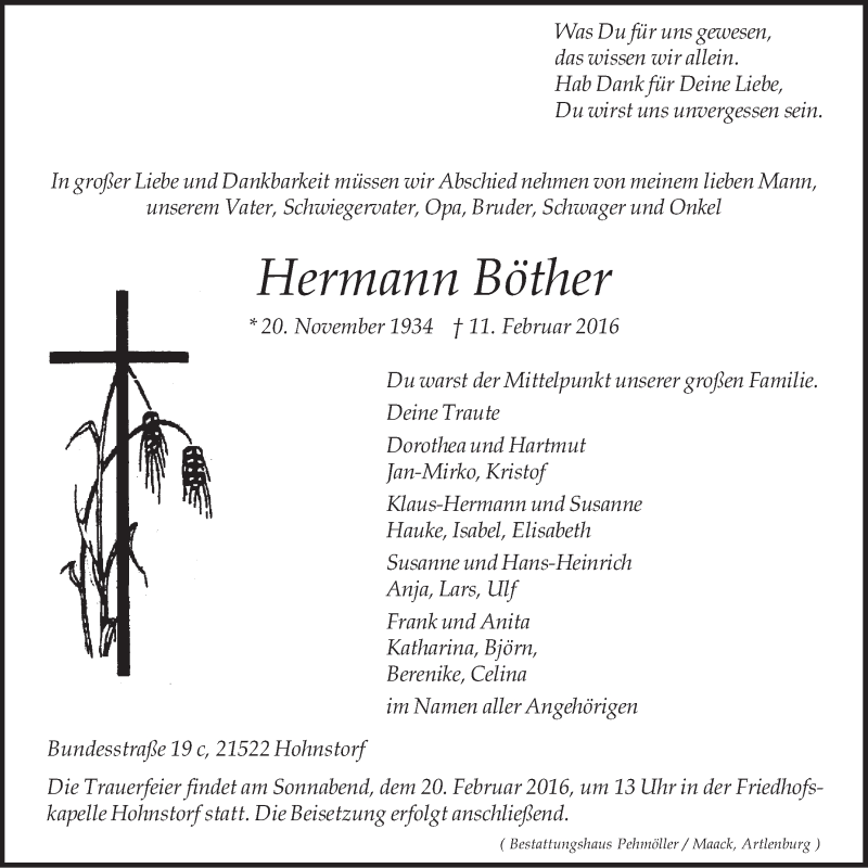  Traueranzeige für Hermann Böther vom 15.02.2016 aus LZ