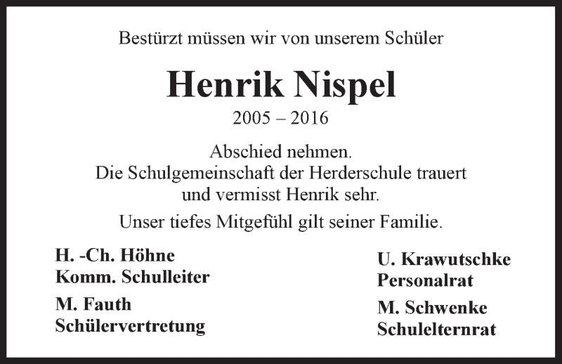  Traueranzeige für Henrik Nispel vom 03.02.2016 aus LZ