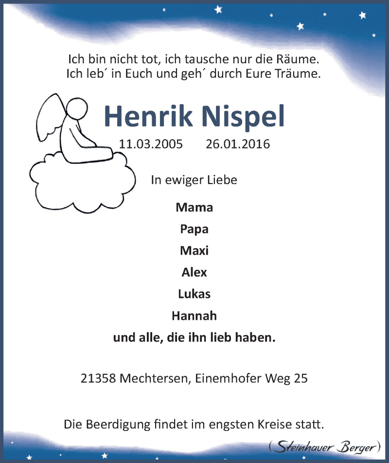  Traueranzeige für Henrik Nispel vom 03.02.2016 aus LZ