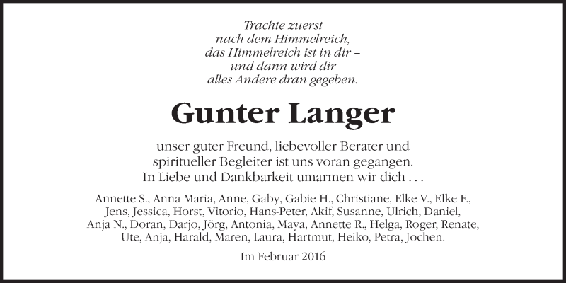  Traueranzeige für Gunter Langer vom 27.02.2016 aus LZ
