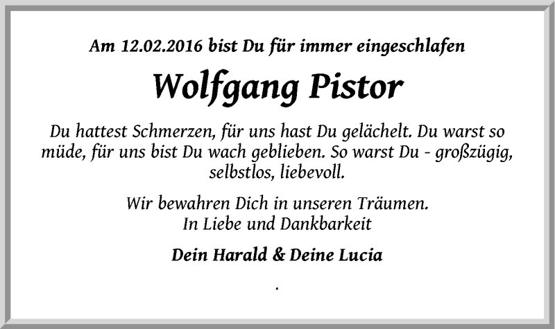  Traueranzeige für Wolfgang Pistor vom 23.02.2016 aus LZ
