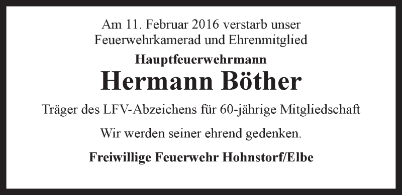  Traueranzeige für Hermann Böther vom 16.02.2016 aus LZ