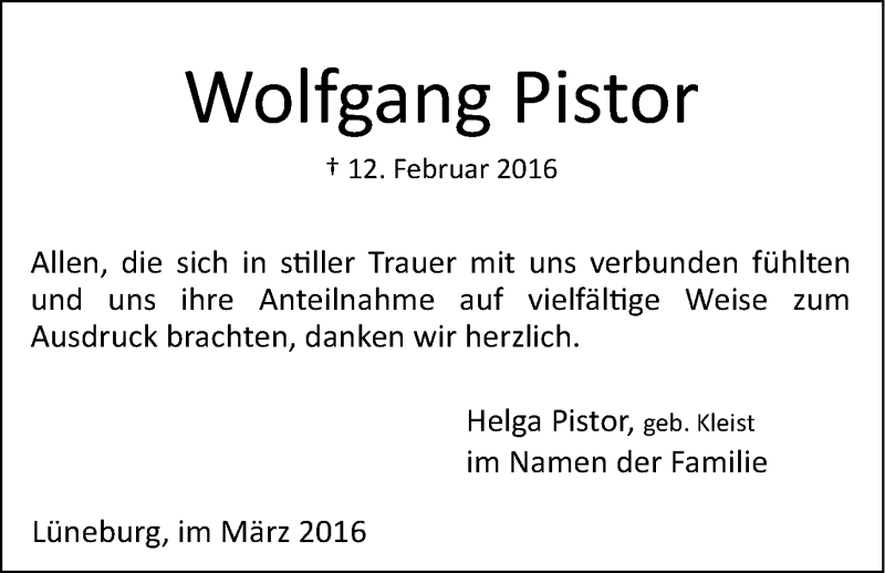  Traueranzeige für Wolfgang Pistor vom 12.03.2016 aus LZ