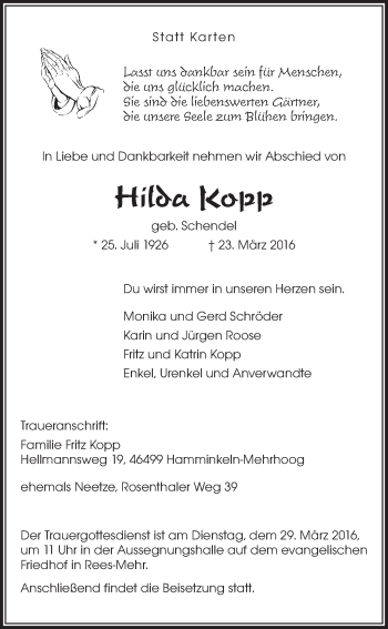 Anzeige von Hilda Kopp von LZ