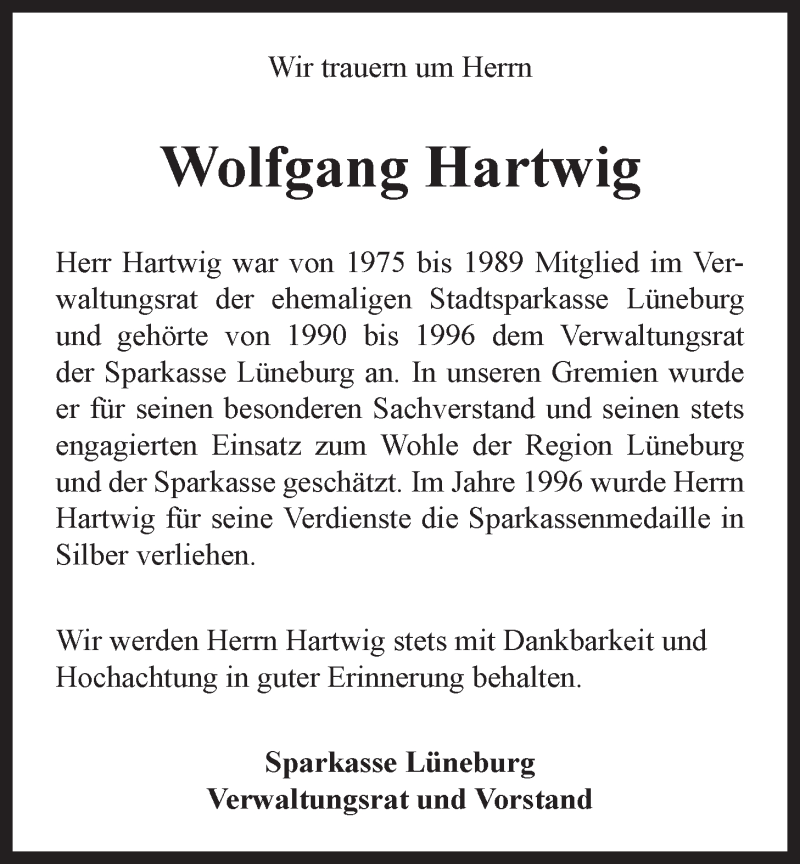  Traueranzeige für Wolfgang Hartwig vom 16.03.2016 aus LZ