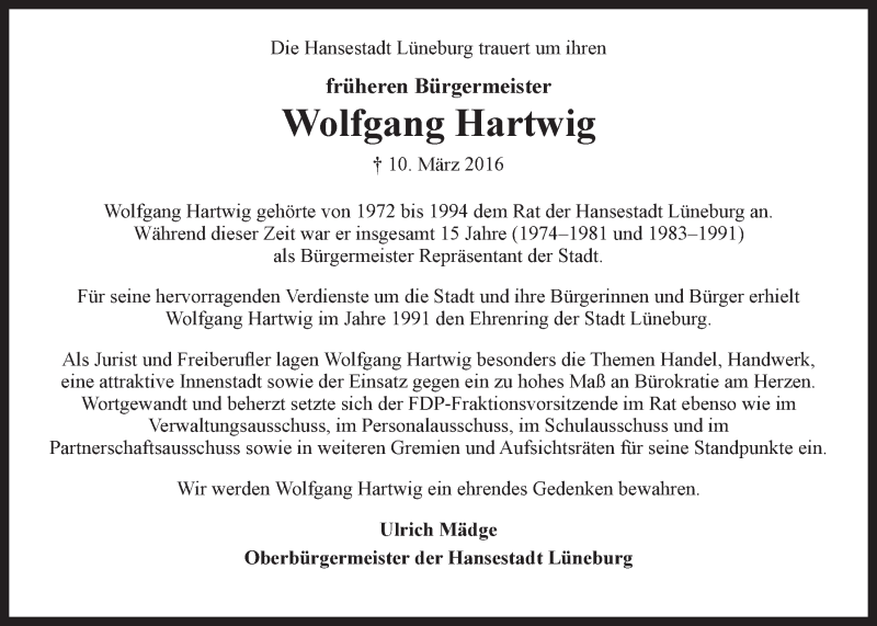  Traueranzeige für Wolfgang Hartwig vom 15.03.2016 aus LZ