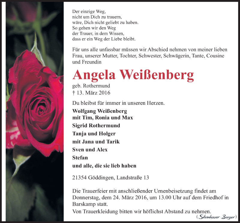  Traueranzeige für Angela Weißenberg vom 19.03.2016 aus LZ