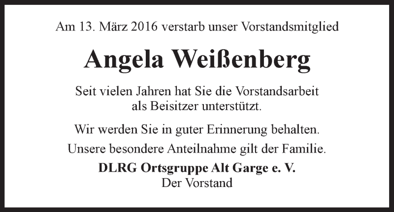  Traueranzeige für Angela Weißenberg vom 19.03.2016 aus LZ