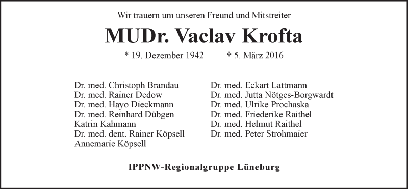  Traueranzeige für Vaclav Krofta vom 11.03.2016 aus LZ