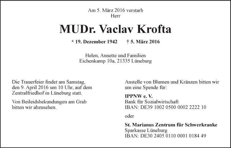  Traueranzeige für Vaclav Krofta vom 10.03.2016 aus LZ