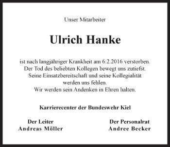 Anzeige von Ulrich Hanke von LZ