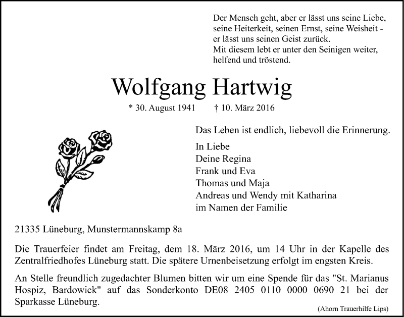  Traueranzeige für Wolfgang Hartwig vom 12.03.2016 aus LZ