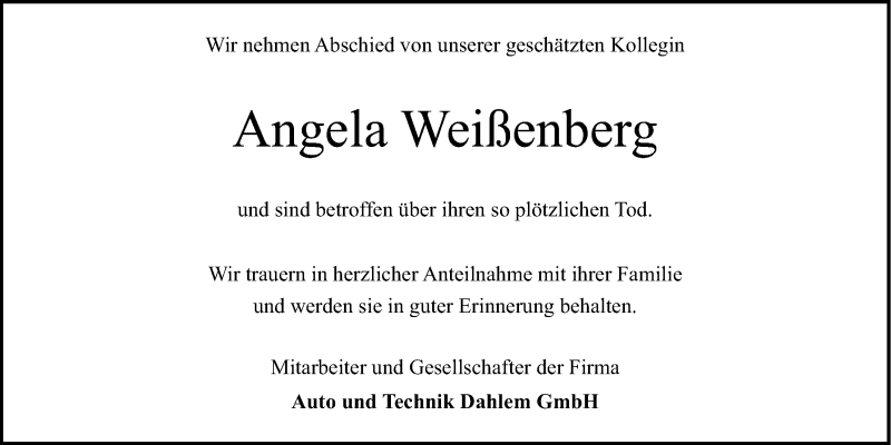  Traueranzeige für Angela Weißenberg vom 19.03.2016 aus LZ