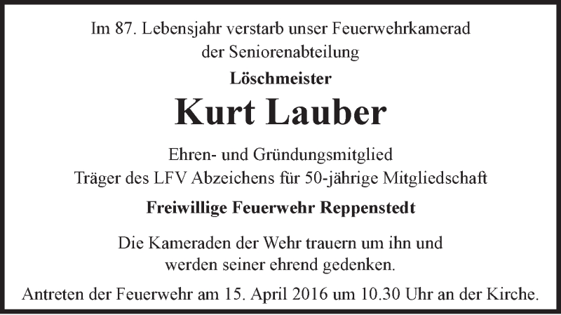  Traueranzeige für Kurt Lauber vom 13.04.2016 aus LZ