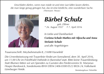 Anzeige von Bärbel Schulz von LZ