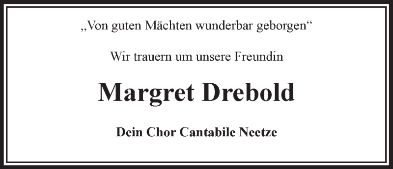 Traueranzeige für Margret Drebold vom 06.04.2016 aus LZ
